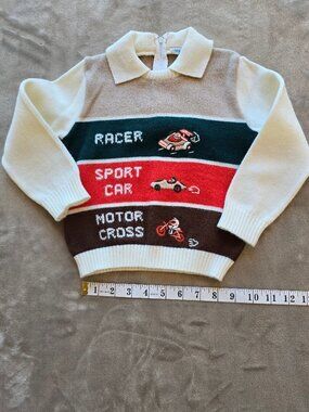 Vintage 70s 80s Nannette Toddler Race Car Knit Sweater 2T 3T Novelty